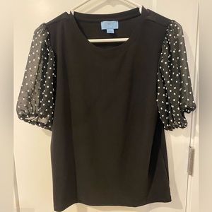 CeCe Women's Short Sleeve Mixed Media Clip-Dot Sleeve Blouse